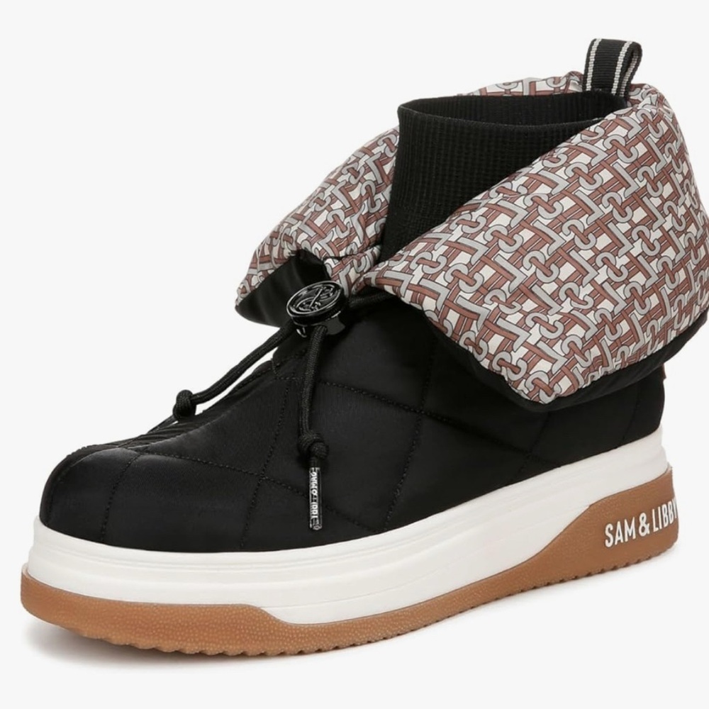 Sam & Libby Cruz Fold Over Puffer Bootie Black and Tan Patterned.NWBox Size 7 - Picture 2 of 8